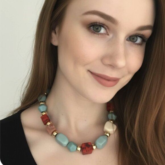 Jewelry - Aqua Blue, Red & Cream Resin Bead Choker Necklace - Modern Boho!